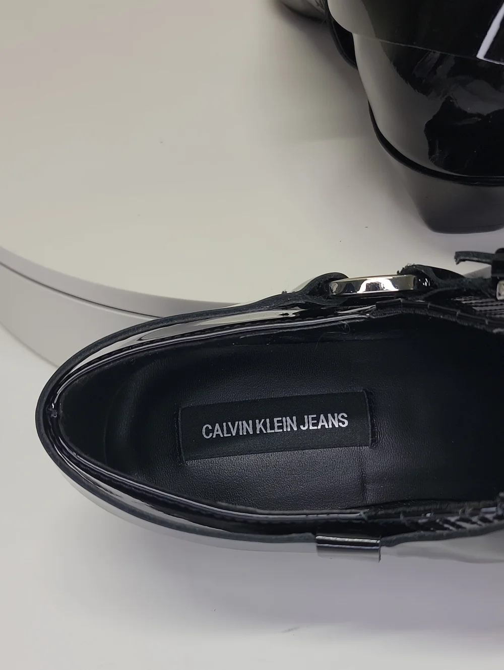 Calvin Klein Black Patent Pointed Toe Strap Shoe Shiny New W/out Box